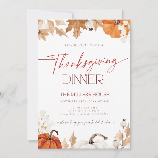 Fall Pumpkins and Leaves Thanksgiving Dinner Einladung (Vorderseite)