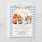 Fall Pumpkins Brews Diapers Gingham Gender Reveal Einladung (Vorderseite)