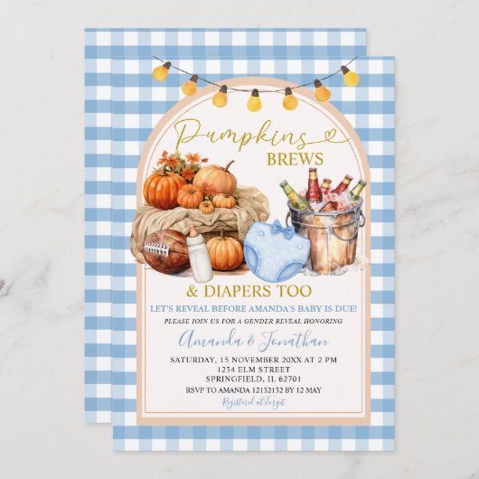 Fall Pumpkins Brews Diapers Gingham Gender Reveal Einladung (Vorne/Hinten)