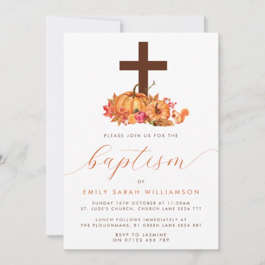 Fall Pumpkins & Cross Baby Taufe Einladung (Vorderseite)