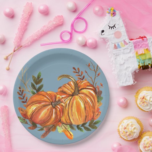 Fall Pumpkins Dusty Blue Pappteller (Party)