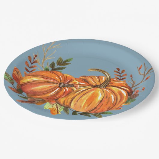 Fall Pumpkins Dusty Blue Pappteller (Schrägansicht)