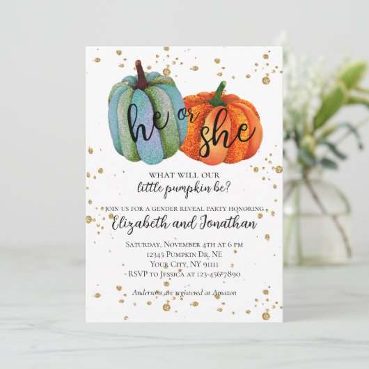 Fall Pumpkins Er oder sie Geschlecht zeigen Baby-D Einladung (Stehend Vorderseite)