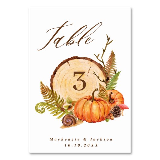Fall Pumpkins Ferns & Wood Slice Skript Hochzeit Tischnummer (Vorderseite)