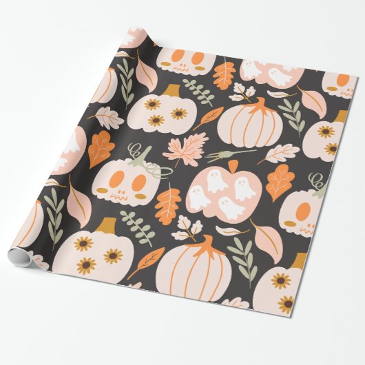 Fall Pumpkins Ghost Skeletter Wrapping Paper Geschenkpapier (Ungerollt)