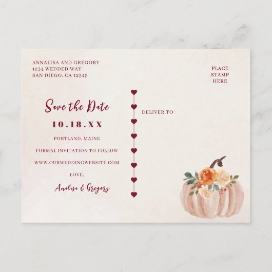 Fall Pumpkins Rettete unser Datum Ankündigungspostkarte (Rückseite)