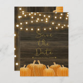 Fall Pumpkins & String Lights Save the Date rustik Ankündigungspostkarte (Vorne/Hinten)