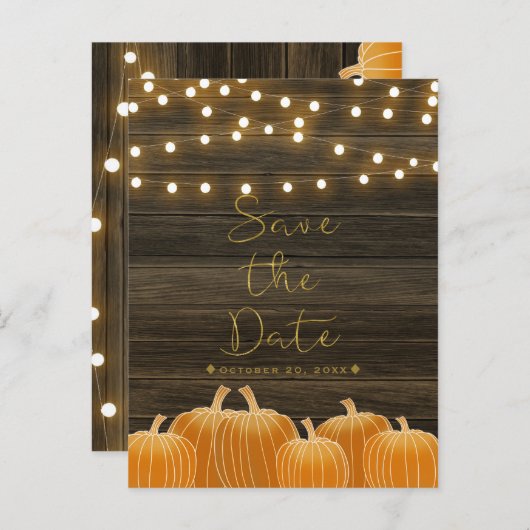 Fall Pumpkins & String Lights Save the Date rustik Ankündigungspostkarte (Vorne/Hinten)