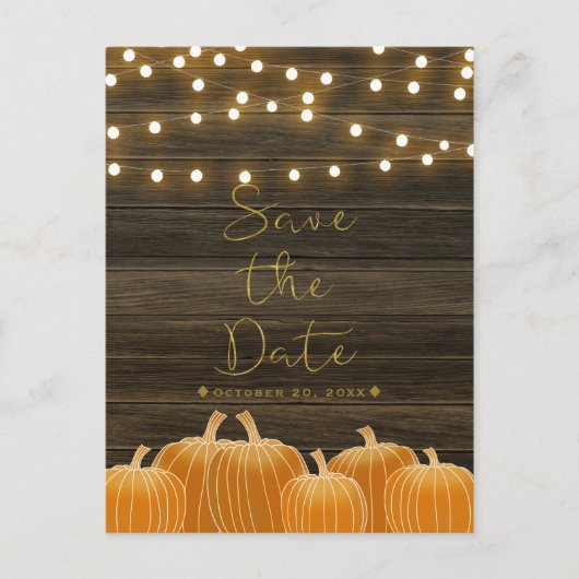 Fall Pumpkins & String Lights Save the Date rustik Ankündigungspostkarte (Vorderseite)