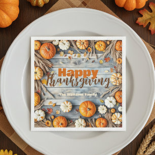 Fall Pumpkins und Blätter auf Holz Erntedank Serviette