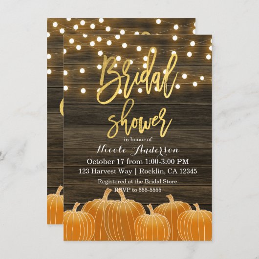 Fall Pumpkins Wood Lights Gold Foil Brautparty Einladung (Vorne/Hinten)