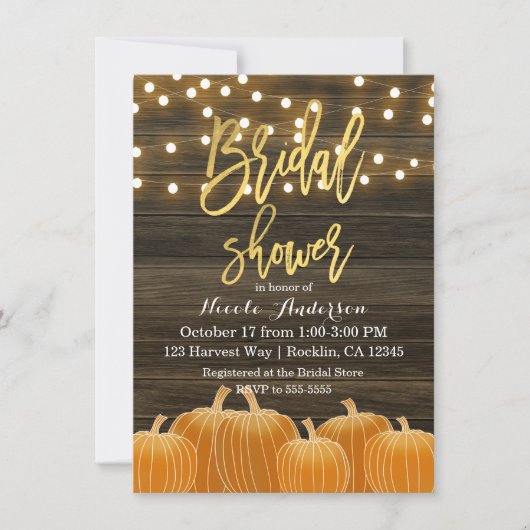 Fall Pumpkins Wood Lights Gold Foil Brautparty Einladung (Vorderseite)