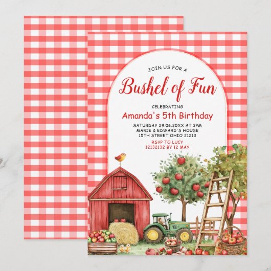 Fall Red Gingham Bushel of Fun Birthday Einladung (Vorne/Hinten)
