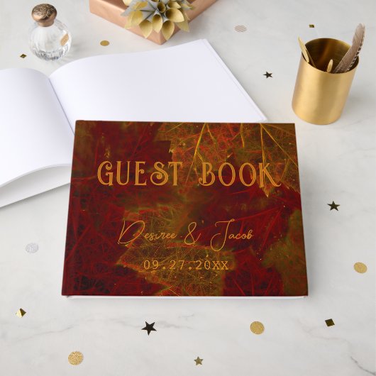 Fall Red Gold Rustic Elegante Maple Blätter Gästebuch (Vorderseite Offen)