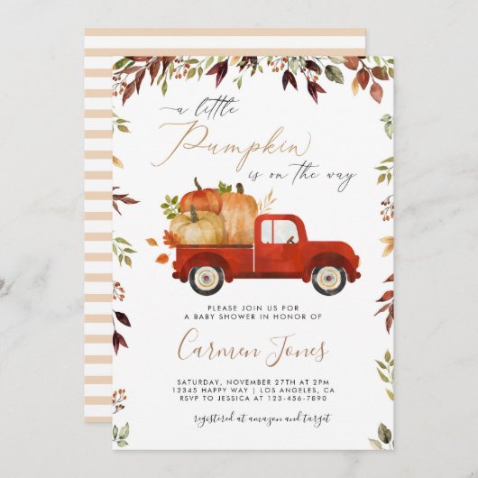 Fall Red Pumpkin Truck Kinderdusche Einladung (Vorne/Hinten)