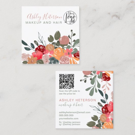 Fall Retro Boho floral qr-Code-Logo Haarschminke Quadratische Visitenkarte (Vorne/Hinten)