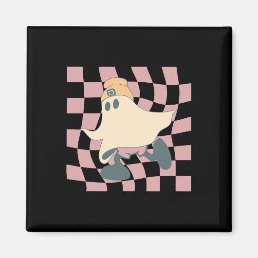 Fall Retro Checkerboard Halloween Ghost Beanie Spo Magnet (Vorne)