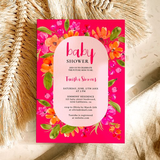 Fall retro pink orange floral script baby shower einladung