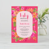 Fall retro pink orange floral script baby shower einladung (Stehend Vorderseite)