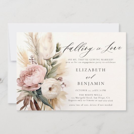 Fall Romantische Peony Rosen Pampas Engagement Par Einladung (Vorderseite)