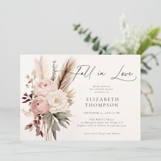 Fall Romantisches Boho Peony Pampas Chic Brautpart Einladung (Stehend Vorderseite)