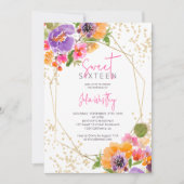 Fall Rosa Foto mit floralen Aquarellen Sweet 16 Einladung (Vorderseite)