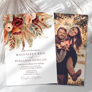 Fall Rust Burgundy Florals Pampas Foto Wedding Einladung
