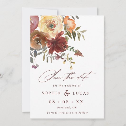 Fall Rust Burgundy Orange Script Foto Wedding Save The Date (Vorderseite)