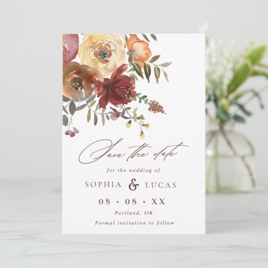 Fall Rust Burgundy Orange Script Foto Wedding Save The Date (Stehend Vorderseite)