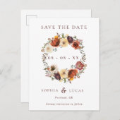 Fall Rust Burgundy Wreath Wedding Save the Date Ankündigungspostkarte (Vorne/Hinten)