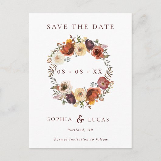 Fall Rust Burgundy Wreath Wedding Save the Date Ankündigungspostkarte (Vorderseite)