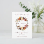 Fall Rust Burgundy Wreath Wedding Save the Date Ankündigungspostkarte (Stehend Vorderseite)
