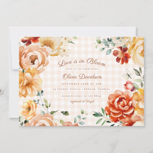 Fall Rust Gold Floral Gingham Brautparty Einladung (Vorderseite)