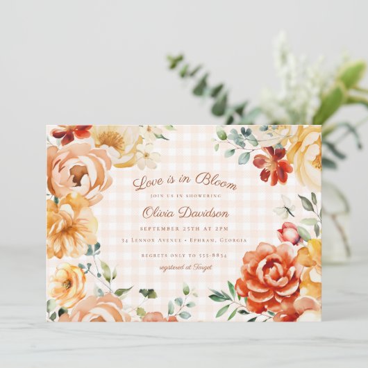 Fall Rust Gold Floral Gingham Brautparty Einladung (Stehend Vorderseite)