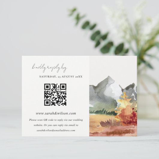 Fall Rust Mountain Trees Wedding QR Code RSVP Begleitkarte (Stehend Vorderseite)
