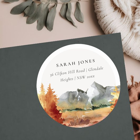 Fall Rust Orange Mountain Trees Foliage Adresse Runder Aufkleber