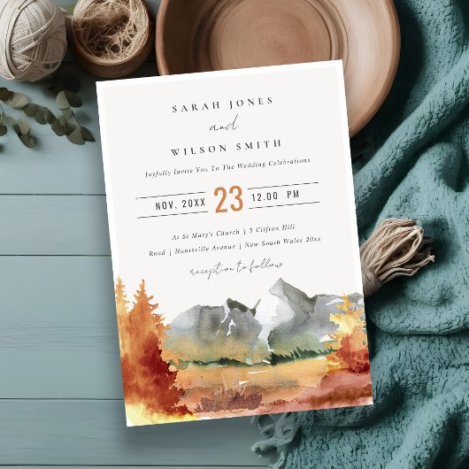 Fall Rust Orange Mountain Trees Foliage Hochzeit Einladung