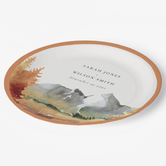 Fall Rust Orange Mountain Trees Foliage Hochzeit Pappteller (Schrägansicht)