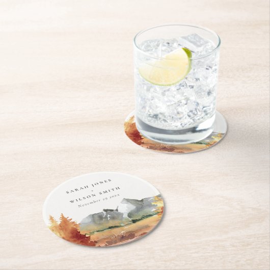 Fall Rust Orange Mountain Trees Foliage Hochzeit Runder Pappuntersetzer (Vor Ort)