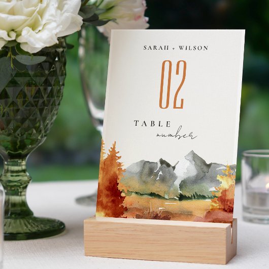 Fall Rust Orange Mountain Trees Foliage Hochzeit Tischnummer