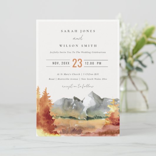 Fall Rust Orange Mountain Trees Foliage Wedding  Einladung (Stehend Vorderseite)