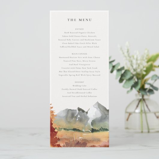 Fall Rust Orange Mountain Trees Wedding Menu Card Einladung (Stehend Vorderseite)