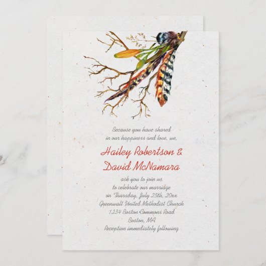 Fall Rustic Boho Feathers Vines Wedding | Einladung (Vorne/Hinten)