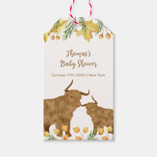 Fall Rustic Boho Highland Cow Baby Showdusche Geschenkanhänger (Vorderseite)