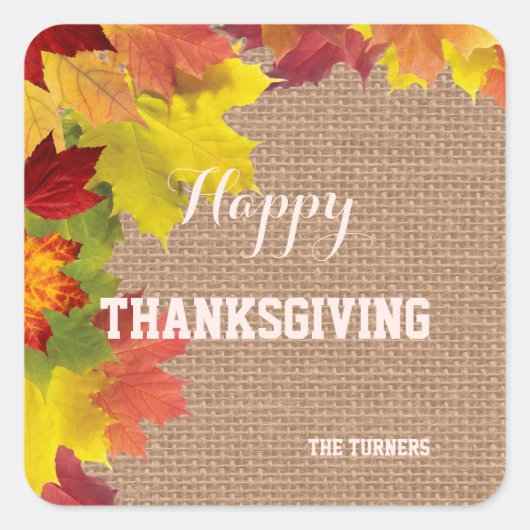 Fall Rustic Burlap Happy Thanksgiving Monogram Quadratischer Aufkleber (Vorderseite)