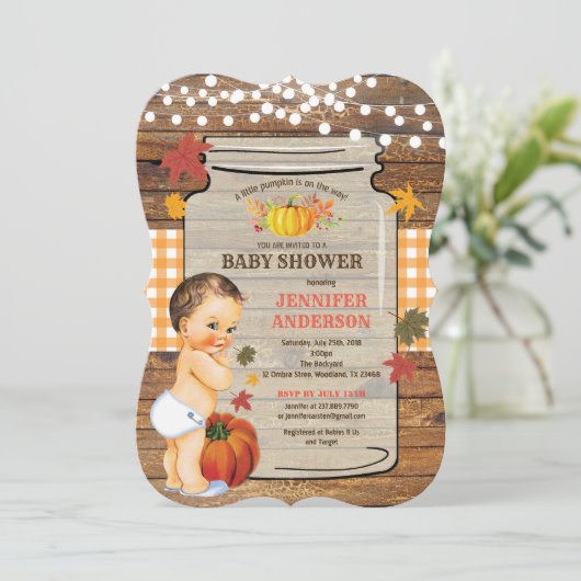 Fall Rustic Pumpkin Baby Dusche Einladung (Stehend Vorderseite)