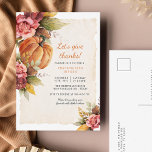 Fall Rustic Pumpkin Erntedank Einladung Postkarte<br><div class="desc">Lassen Sie uns Dank mit diesem Herbst Kürbis rustikalen Erntedank Dinner Einladung Postkarte können Sie leicht anpassen. Mit rustikalem Herbstblumendesign mit Kürbis und moderner Typografie. Für weitere Anpassungen klicken Sie bitte auf den Link "Weitere Anpassung" und verwenden Sie unser Design-Tool,  um diese Vorlage zu ändern.</div>