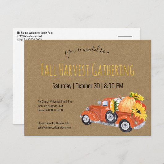 Fall Rustikale Abholung Kürbiskins Fall Party Einladungspostkarte (Vorne/Hinten)