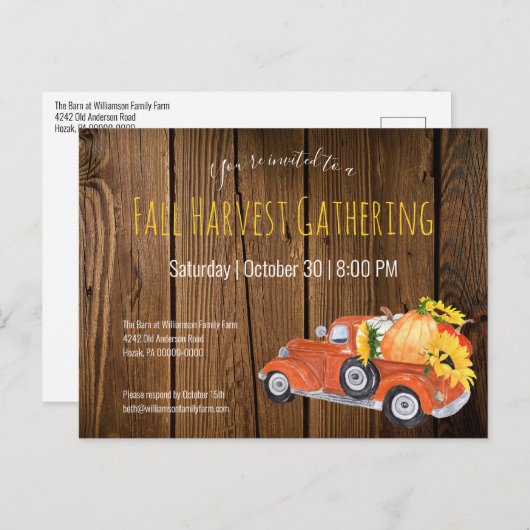 Fall Rustikale Abholung Kürbiskins Fall Party Einladungspostkarte (Vorne/Hinten)