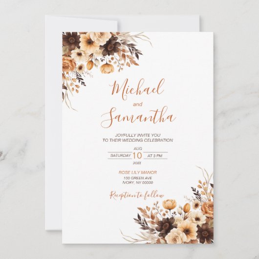 Fall Rustikale Braun und Elfenbeinküste Rose Hochz Einladung (Vorderseite)